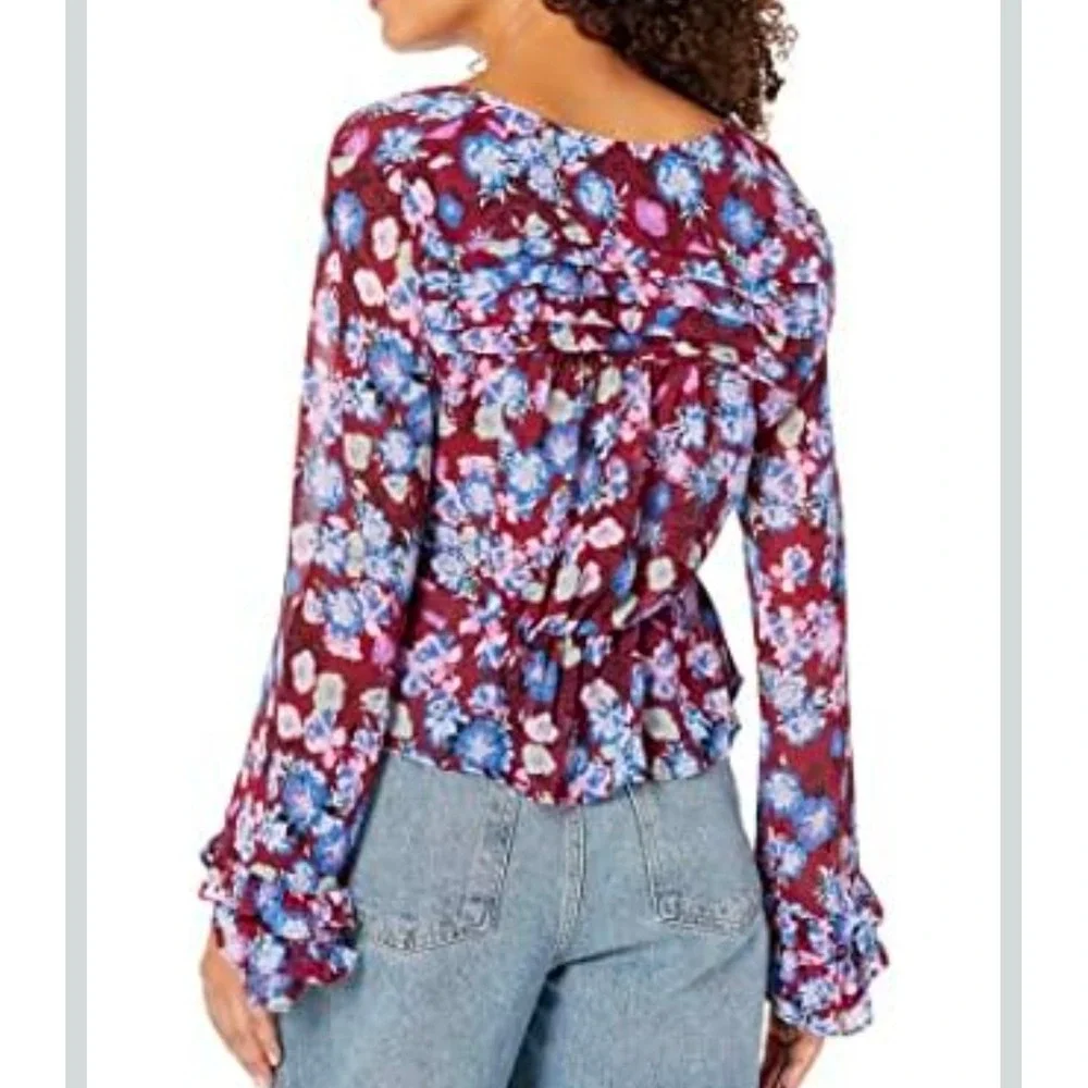 Free People Maybel Floral Print Tie Front Peplum Blouse Long Sleeve Ruffle Cuffs